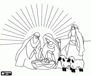 Coloriage J�sus dans la cr�che avec Joseph, Marie et un berger avec ses moutons