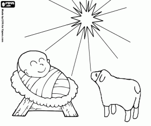 Coloriage J�sus dans la cr�che et accompagn� par un agneau sous l'�toile de Bethl�em