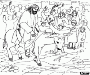 Coloriage J�sus de Nazareth, sur le dos d'un �ne et accueillis par la foule � l'entr�e � J�rusalem