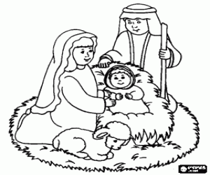 Coloriage J�sus, Marie et Joseph dans la cr�che � c�t� d'un petit agneau