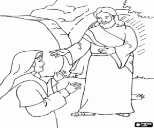 Coloriage J�sus ressuscit� avec Marie Madeleine devant le tombeau