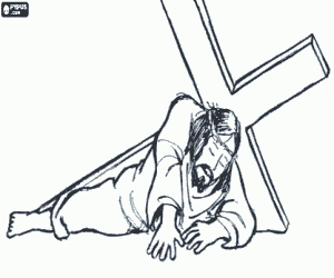 Coloriage J�sus sur la terre apr�s une chute tout en portant la croix
