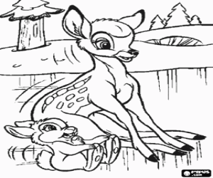 Coloriage Jeune Bambi jouant avec le lapin Pan-Pan dans la glace de lac