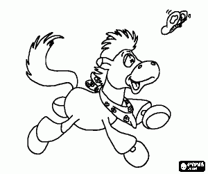 Coloriage Jeune cheval ou � poney poursuite d'un papillon