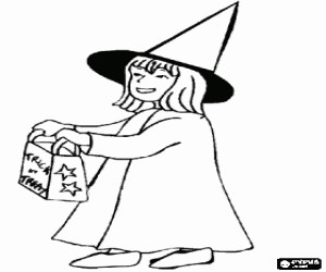 Coloriage Jeune fille habill�e en sorci�re faisant truc ou un traiter � Halloween