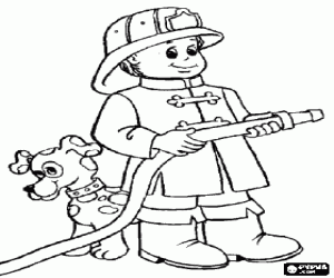 Coloriage Jeune pompier avec le tuyau pr�t avec son chien