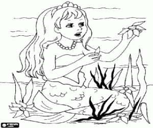 Coloriage Jeune sir�ne en reprenant des fleurs du fond marin