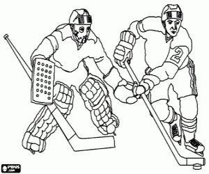 Coloriage Joeur et gardien de but en match de hockey sur glace