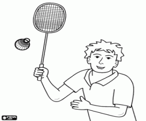 Coloriage Joueur de badminton pr�t � frapper le volant avec la raquette