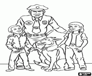 Coloriage L'agent de police avec un gar�on et une fille avec son chien policier