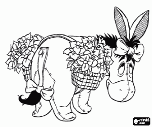 Coloriage L'�ne Bourriquet en chargeant beaucoup de fleurs dans des sacoches