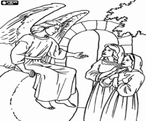 Coloriage L'ange annon�ant la r�surrection de J�sus � Marie de Magdala et Marie se tenait assise sur la pierre du tombeau