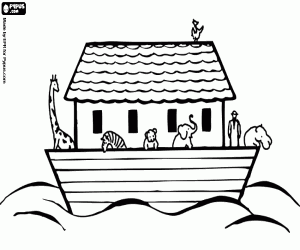 Coloriage L'arche de No�, par les eaux d'inondation, avec les animaux � bord