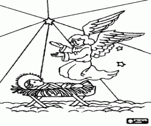 Coloriage L'Enfant J�sus dans la cr�che avec la protection d'un ange et sous la lumi�re de l'�toile de Bethl�em