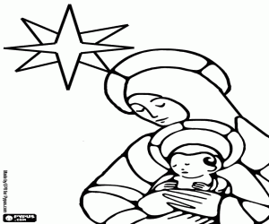 Coloriage L'enfant J�sus dans les bras de sa m�re Marie � l'�toile au fond
