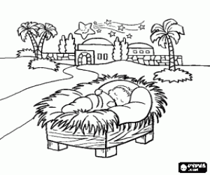 Coloriage L'enfant J�sus dormant dans la cr�che � l'�toile de Bethl�em sur la ville