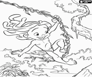 Coloriage L'enfant Tarzan � sauter avec une liane dans la jungle