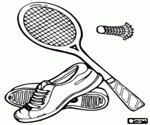Coloriage L'�quipement de base pour la pratique de badminton: chaussures de badminton, raquette et le volant