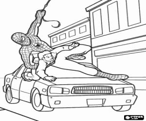 Coloriage L'homme araign�e, le superh�ros, sauvant � un enfant de d'�tre �cras� par une voiture dans une rue de New York