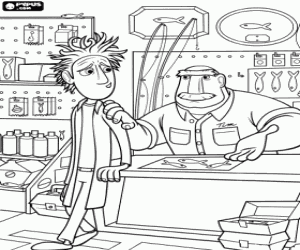 Coloriage L'inventeur Flint � �couter les conseils de son p�re Tim dans le magasin de p�che