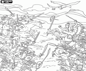 Coloriage La bataille de Narnia, la lutte entre les humains et les animaux parlents