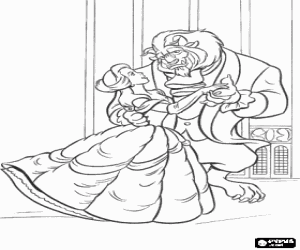 Coloriage La Belle et la B�te amoureuxes dansant dans le hall du ch�teau