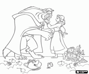 Coloriage La Belle et la B�te, le prince transform� en un monstre, en attitude d'amour avec les serviteurs transform�s en objets