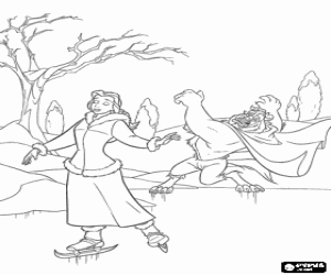 Coloriage La Belle et la B�te patinant sur la glace d'un lac