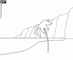 Coloriage La c�te avec la plage et un palmier � l'avant-plan et les falaises vers le bas
