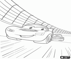 Coloriage La course Piston Cup, 95 Flash McQueen vient d'abord en avant de 86, Chick Hicks
