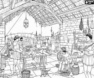 Coloriage La cuisine d'un ch�teau ou un palais avec les serviteurs de pr�parer des aliments