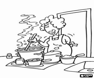 Coloriage La cuisine de maman, cuisini�re en faisant le repas