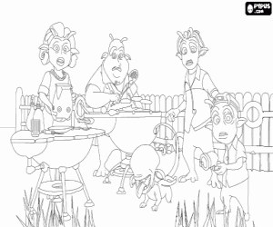 Coloriage La famille de Planet 5 surpris par la pr�sence d'un �tranger qui se trouve �tre Chuck, l'homme astronaute