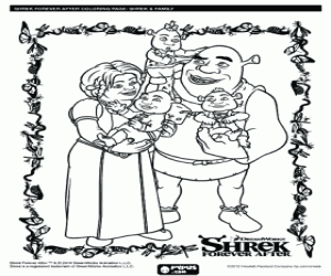 Coloriage La famille de Shrek, Fiona et ses trois ogres jeunes