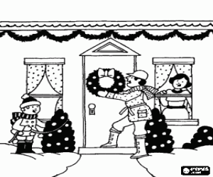 Coloriage La famille en d�corant l'entr�e de sa maison pour No�l
