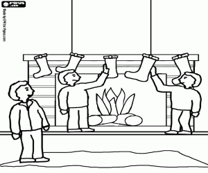 Coloriage La famille en d�corer de la chemin�e avec deschaussettes durant les vacances de No�l