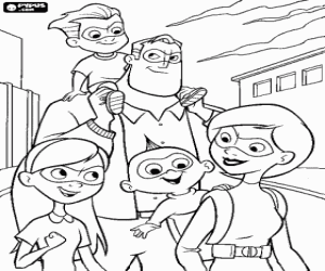 Coloriage La famille Parr, Les Indestructibles, avec v�tements de rue et des masques de superh�ros