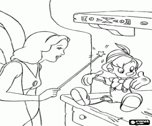 Coloriage La F�e Bleue donne la vie � la marionnette de bois � r�aliser le r�ve de Geppetto et en faire son fils Pinocchio 