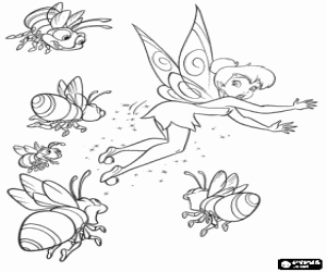 Coloriage La F�e Clochette battant surpris de voir un groupe de lucioles