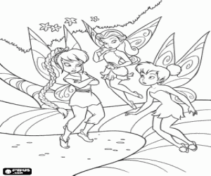 Coloriage La F�e Clochette, Noa et Ros�lia vole pr�s d'une branche d'un arbre