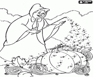 Coloriage La f�e marraine, avec sa baguette magique, transforme une citrouille en un carrosse pour porter � Cendrillon au grand bal du prince