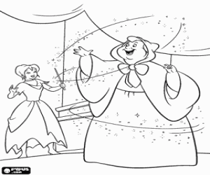 Coloriage La F�e Marraine heureuse d'aider � son prot�g�e Cendrillon � conqu�rir le prince