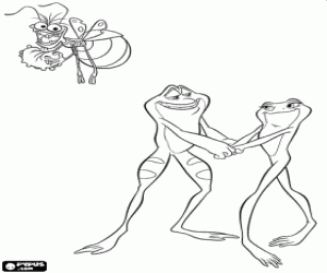 Coloriage La grenouille Tiana  et le crapaud Naveen dansant dans l'�tang illumin� par la luciole Ray
