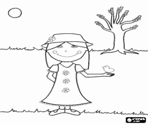 Coloriage La jeune fille � la robe de printemps avec un oiseau dans la main et l'�me d'un arbre � l'arri�re-plan