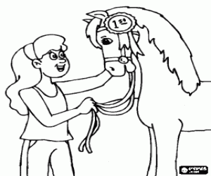Coloriage La jeune fille � son belle cheval champion