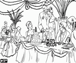 Coloriage La mari�e et le mari� coupant le g�teau de mariage � la r�ception de mariage