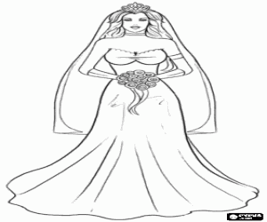 Coloriage La mari�e le jour du mariage avec la longue robe, voile avec tiare et le bouquet