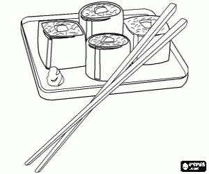Coloriage La nourriture japonaise avec des baguettes, il est connu sous le nom maki parc� est sushi roul�s aux algues