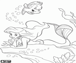 Coloriage La Petite Sir�ne Ariel avec son prince charmant r�ver aux c�t�s de son ami le poisson Flounder