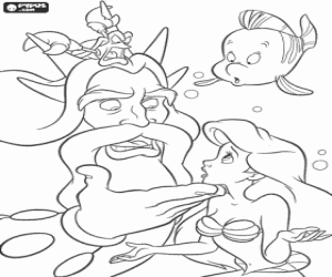 Coloriage La petite sir�ne Ariel parlant � son p�re, le roi Triton et ses amis Flounder le poisson et S�bastian le crabe